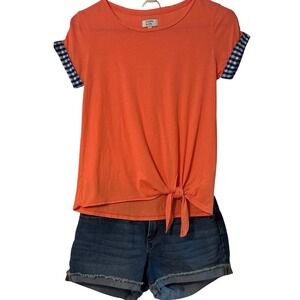 Crown & Ivy Salmon Gingham Sleeve Girls Shirt L Old Navy Jean shorts 14  2 items